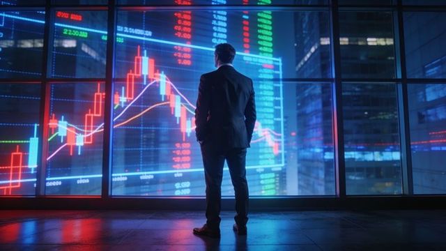 Executive studying market charts on multi-panel trading display in high-rise city office