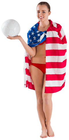Smiling Woman Holding Soccer Ball in American Flag Drape