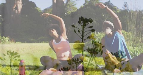 African American Couple Practicing Yoga with Nature Overlay