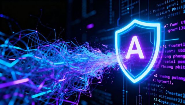 Neon shield letter a protecting ai data streams in futuristic cybersecurity network