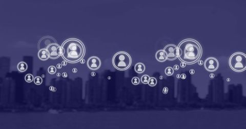 Digital connectivity icons over urban skyline illustrating global communication
