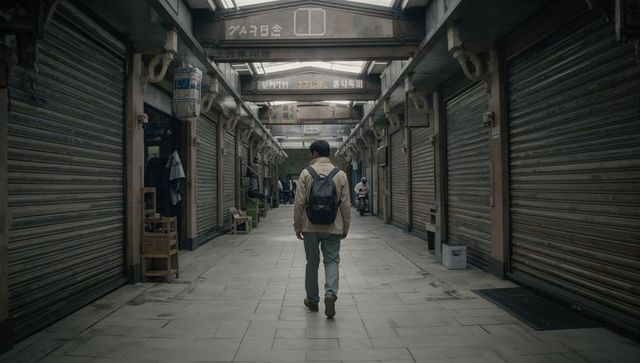 Solitary man walking down narrow urban arcade with closed metal shutters and skylights