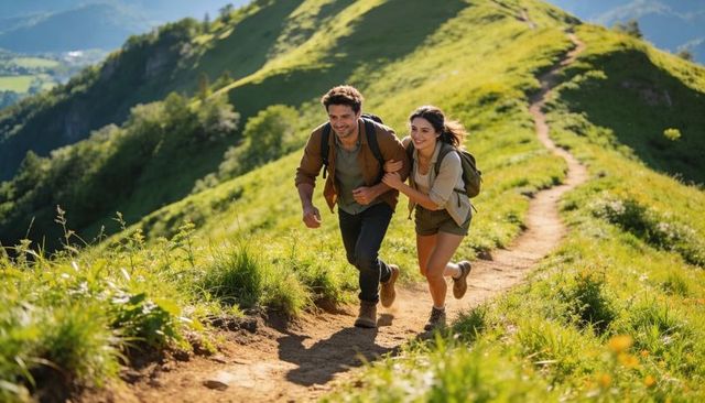 Young couple hiking and climbing ridge trail across sunlit alpine meadow with backpacks