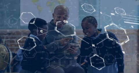 Teacher and students exploring stem on tablet with chemical formula ar overlay