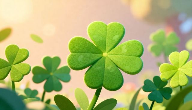 Glowing six-leaf clover catching morning light, dewy pastel bokeh meadow illustration