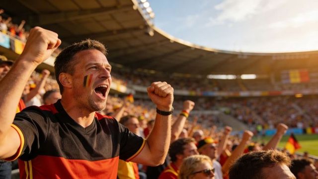 German football fan cheering in stadium with flag face paint and team shirt at golden hour