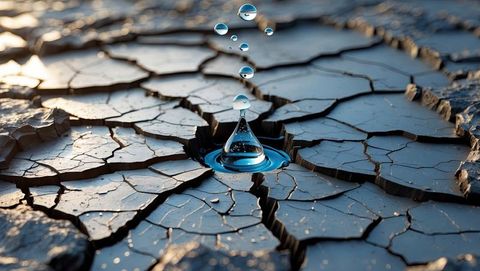 Water droplet splashing on parched cracked soil from drought under sunlight