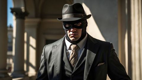 Mysterious bank robber in suit and fedora under shadowed colonnade