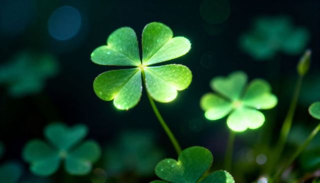 Glowing four-leaf clover revealing vein detail with dewdrops and teal bokeh