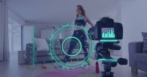 Woman recording fitness vlog with digital interface overlay