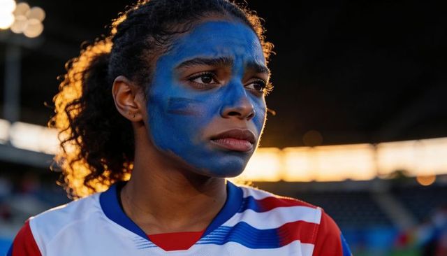 Teen athlete gazing with blue face paint wearing red white blue jersey at stadium sunset