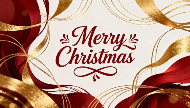 Merry christmas calligraphy with red ribbon waves and gold glitter swirls holiday card