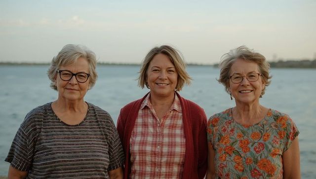 Three smiling senior women standing by lake wearing glasses and patterned tops enjoying friendship