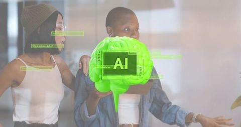 Presenting neon 3d ai brain hologram over tablet, team collaborating in modern office