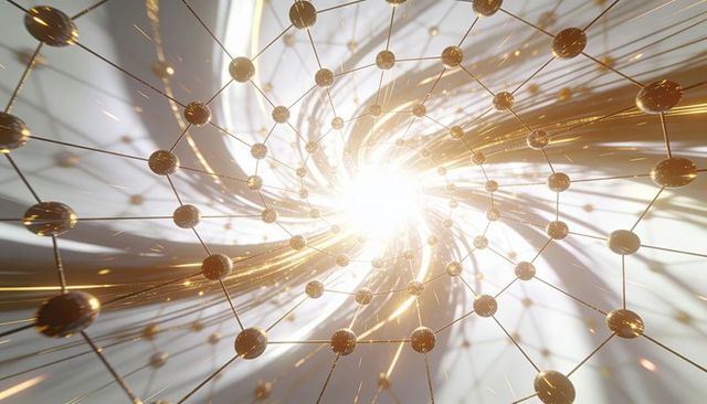 Spiraling golden node-and-rod mesh converging toward radiant core with streaking sparks