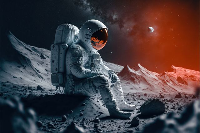 Astronaut in spacesuit sitting on rocky alien terrain during twilight with Earth and Moon in background. Ideal for usage in science fiction themes, space exploration visuals, educational content about space, inspirational posters, and backgrounds for technology-related projects emphasizing isolation and a sense of exploration.