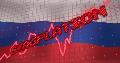 Stagflation concept over russia flag with digital data background