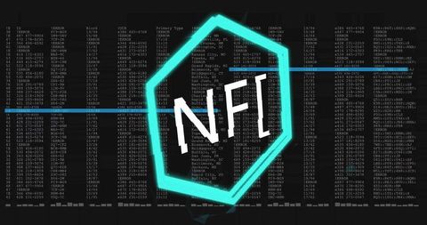Futuristic NFT Concept with Neon Hexagon and Digital Code