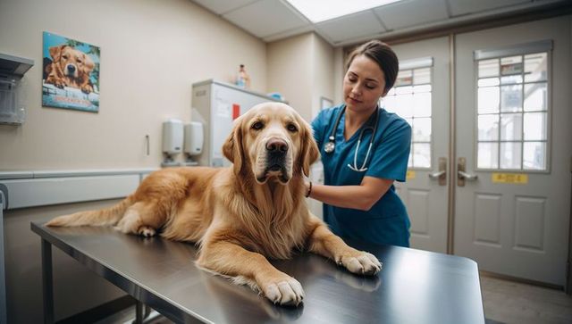 Veterinarian examining golden retriever on clinic table comforting calm canine patient