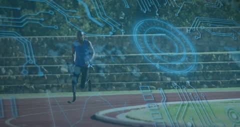 Athlete with Prosthetic Leg Training on Track with Digital Data Overlay