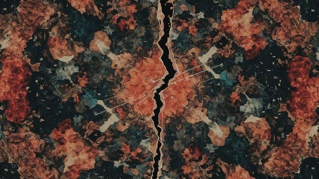 Weathered metal panel with central jagged crack and peeling paint