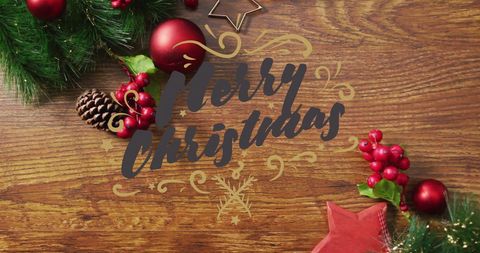 Festive Christmas Greetings on Wooden Background with Pinecones and Berries