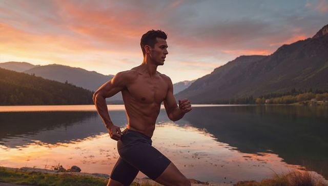 Shirtless Athletic Man Jogging by Mountain Lake at Sunset