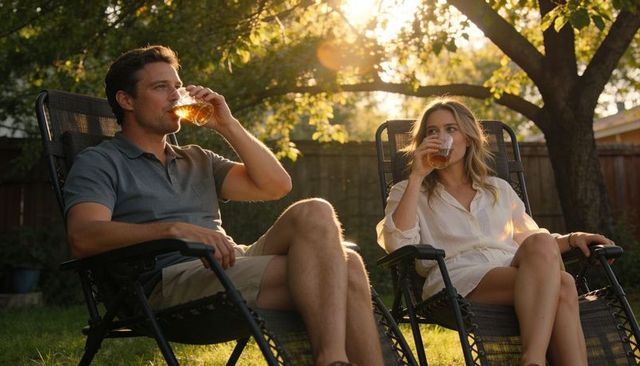 Couple relaxing in lawn chairs during golden hour backyard drinking iced tea or beer