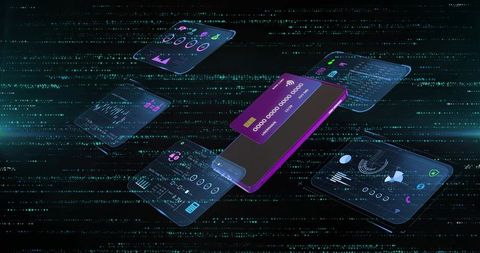 Angled smartphone showing purple virtual card over holographic fintech dashboards and analytics
