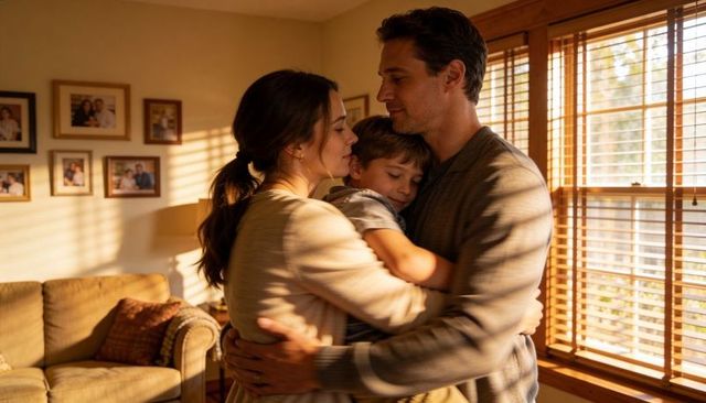 Parents embracing child in sunlit living room, cozy family moment of warmth and comfort