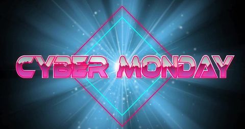 Glowing 3d cyber monday text featuring neon diamonds and blue burst futuristic banner