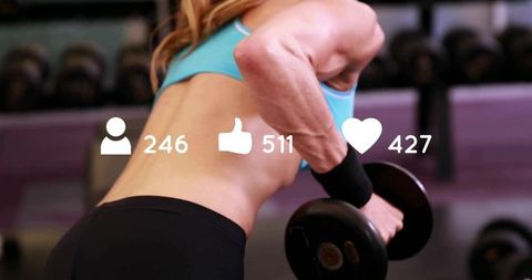 Woman lifting dumbbell showing back strength with social media likes and followers overlay