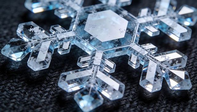 Faceted hexagon snowflake glinting on dark knit fabric, macro closeup icy crystal detail