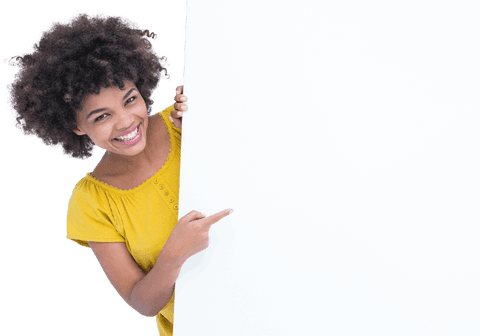 Smiling Woman Pointing at Transparent Blank Board Isolated Background