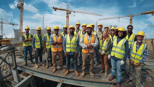 Diverse construction crew standing on steel platform wearing hard hats and high-vis vests