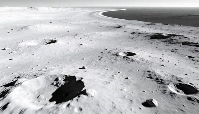 Stretching cratered shoreline revealing deep shadowed craters on barren lunar plain