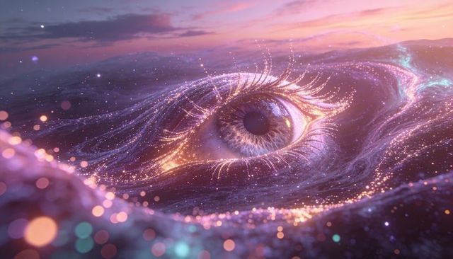 Glowing cosmic eye rising from starry sea with luminous eyelashes, dream glow