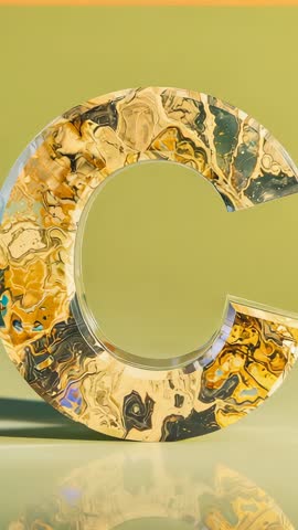 Rotating marbled gold letter C revealing abstract reflections on glossy floor