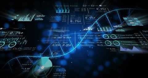 Glowing blue helix driving real-time data visualization and financial analytics dashboard