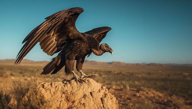 Large vulture spreading layered wings on pale rock outcrop in arid plain at golden hour