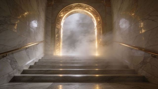 Gilded arched portal with marble staircase and mist-filled landing, golden light