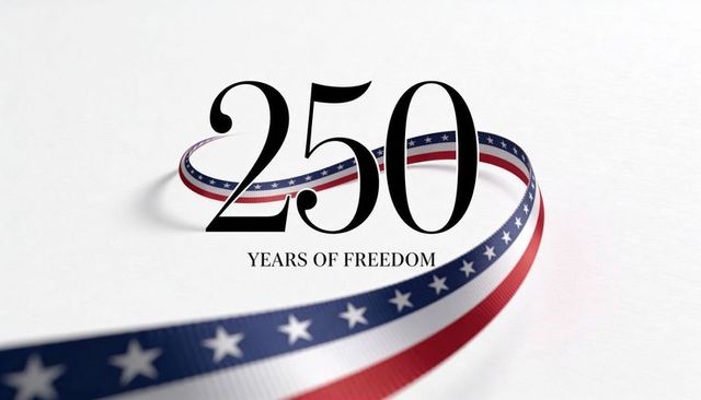 250 years of freedom ribbon weaving through bold numerals on textured white paper