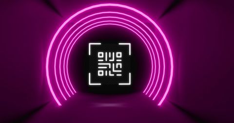 Neon Circles with Digital QR Code on Purple Backdrop - Download Free Stock Images Pikwizard.com