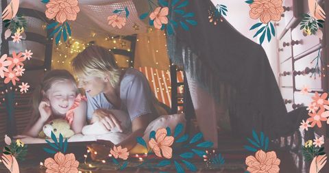 Mom and Daughter Bonding Inside Cozy Fort with Floral Overlay