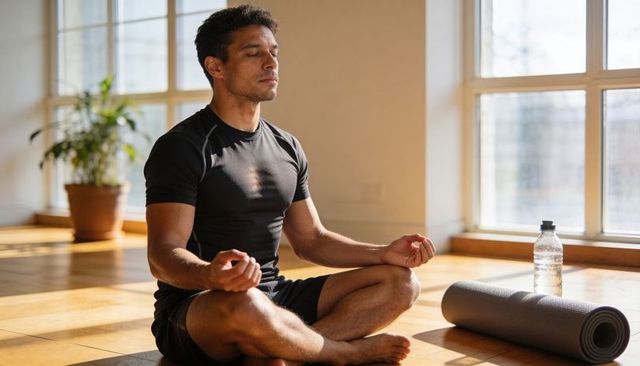 Man meditating in sunlit yoga studio practicing mindfulness, fitness, and relaxation