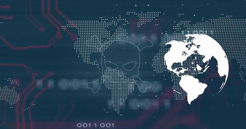 Representing Global Cyber Threat with Skull Overlay on Dotted World Map and Circuit Traces