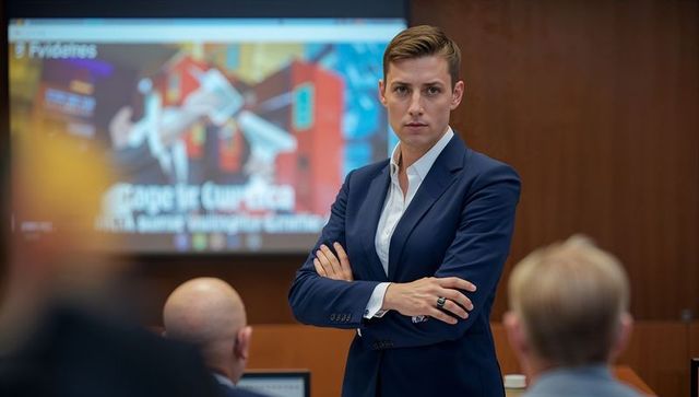 Confident executive leading strategic boardroom presentation, arms crossed focused gaze