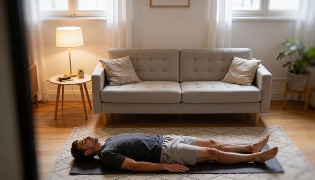 Young man practicing deep relaxation lying on yoga mat in bright minimal living room