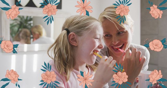 Mother and Daughter Brushing Teeth with Floral Decorations - Download Free Stock Images Pikwizard.com