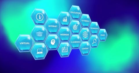 digital interface with learning and technology icons on gradient - Download Free Stock Images Pikwizard.com